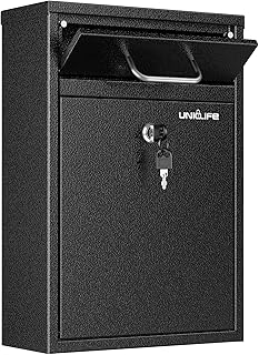 Uniclife Wall Mount Mailbox for Outside, Heavy Duty Locking Mailboxes, Large Mailbox with Key Lock, Security Mail Box, Safe Key Drop Box, Post Box, Steel Cash Drop Box for Home Office School, Black