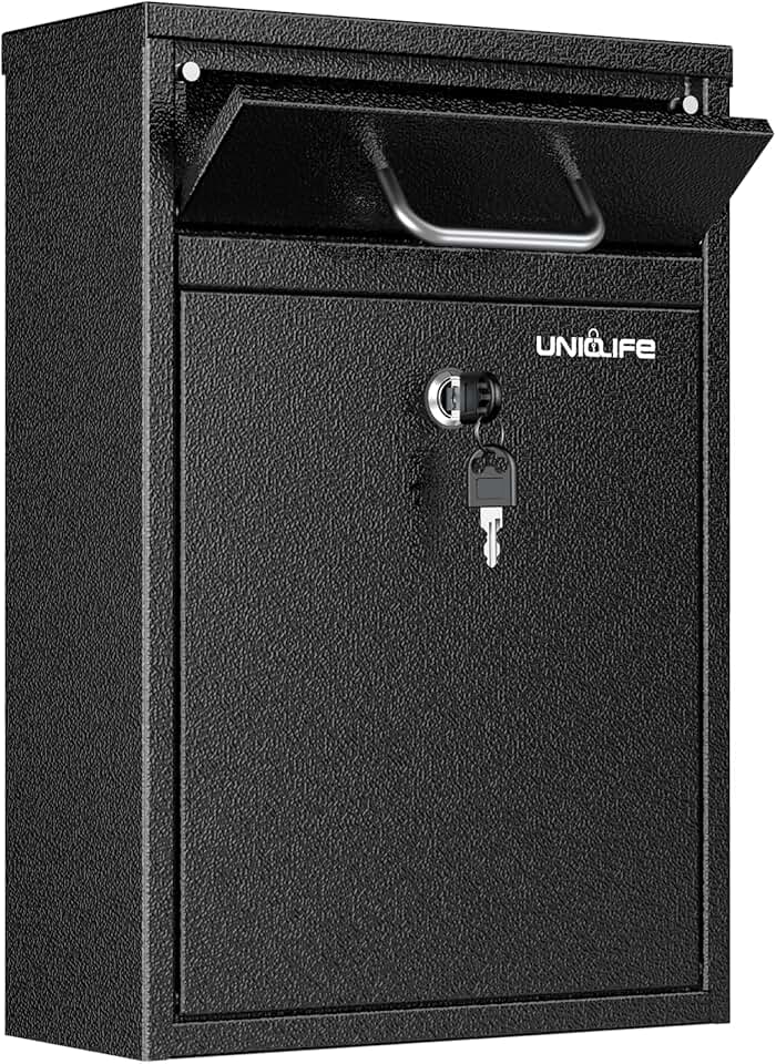 Uniclife Wall Mount Mailbox for Outside, Anti-Theft Heavy Duty Locking Mailbox, Large Mailbox with Key Lock, Security Mail Box, Safe Key Drop Box, Post Box, Steel Cash Drop Box for Home Office, Black
