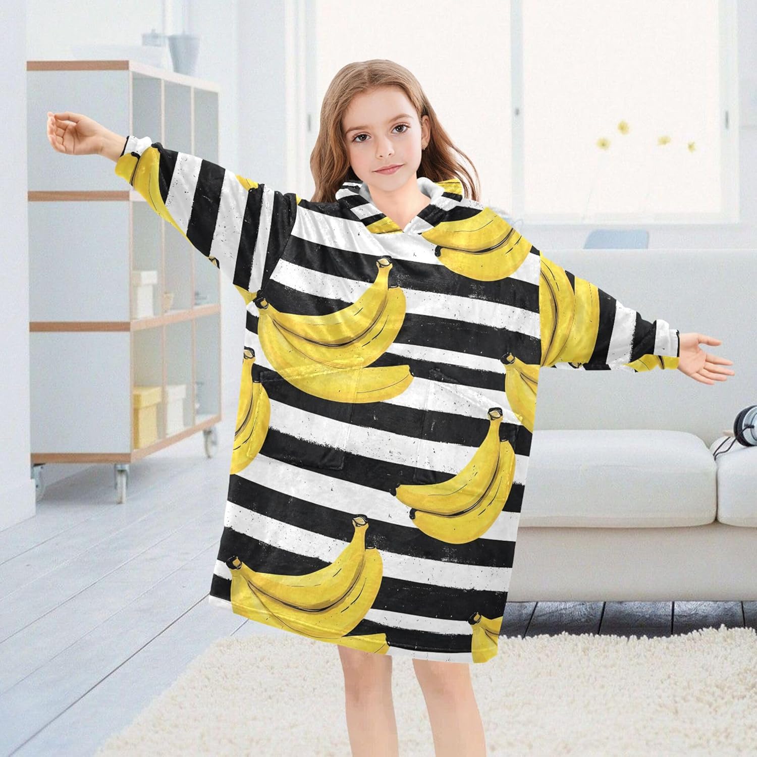 Banana Fruit Stripe Kids Wearable Blanket Hoodie with Pocket and Sleeves for Toddlers, Cute Hoodies Girls B0403934