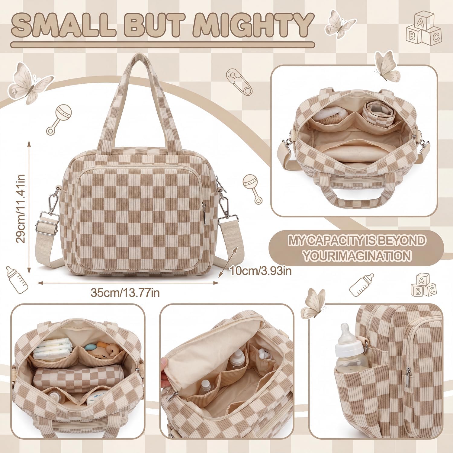 Tallew Small Diaper Bag Tote Checkered Quilted Crossbody Diaper Bag with Pockets Lightweight Corduroy Travel Purse for Mom