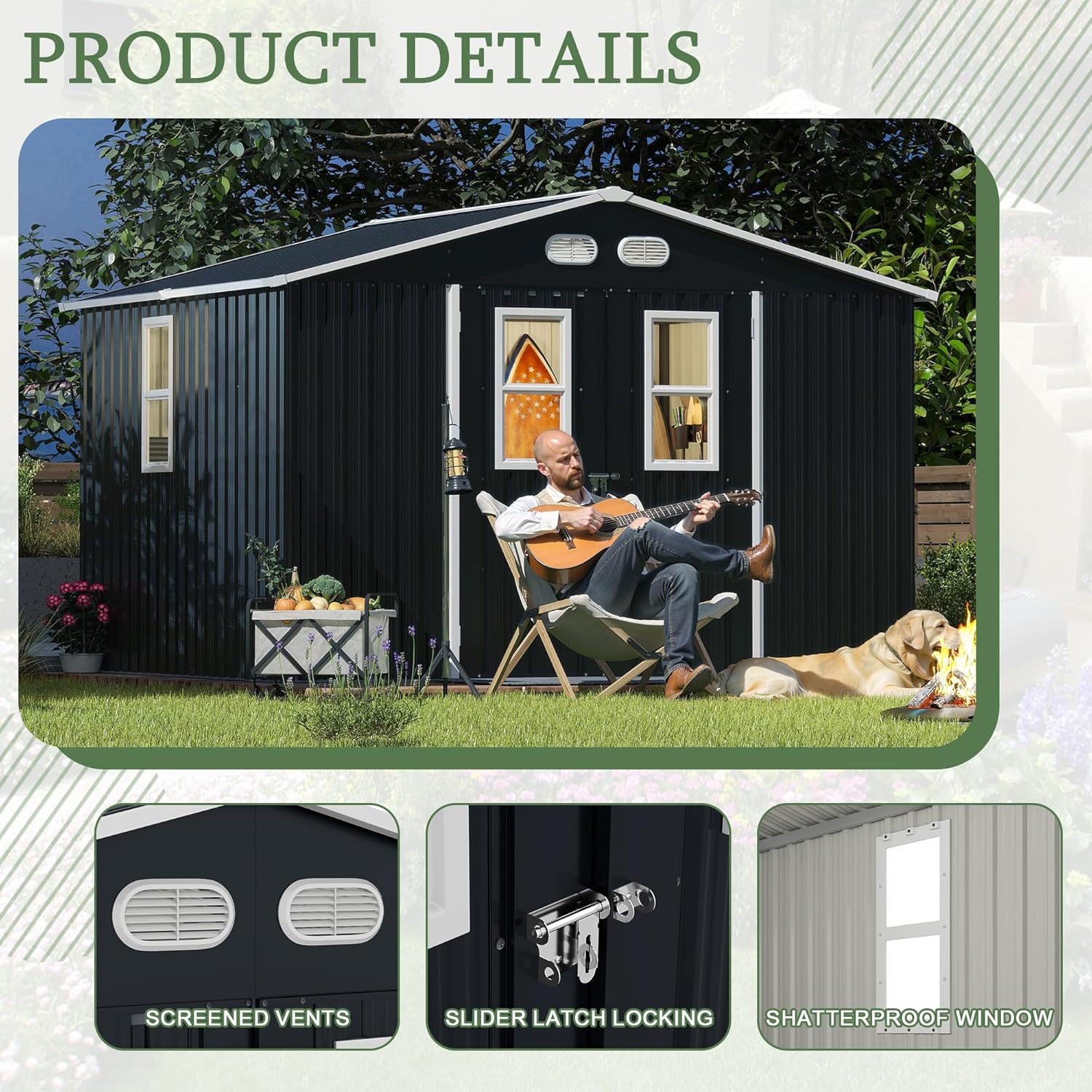 8x10 Outdoor Storage Shed with Lockable Doors & Four Daylight Windows, Protective Film, Dark Gray or Light Color, Durable Metal Utility Shed