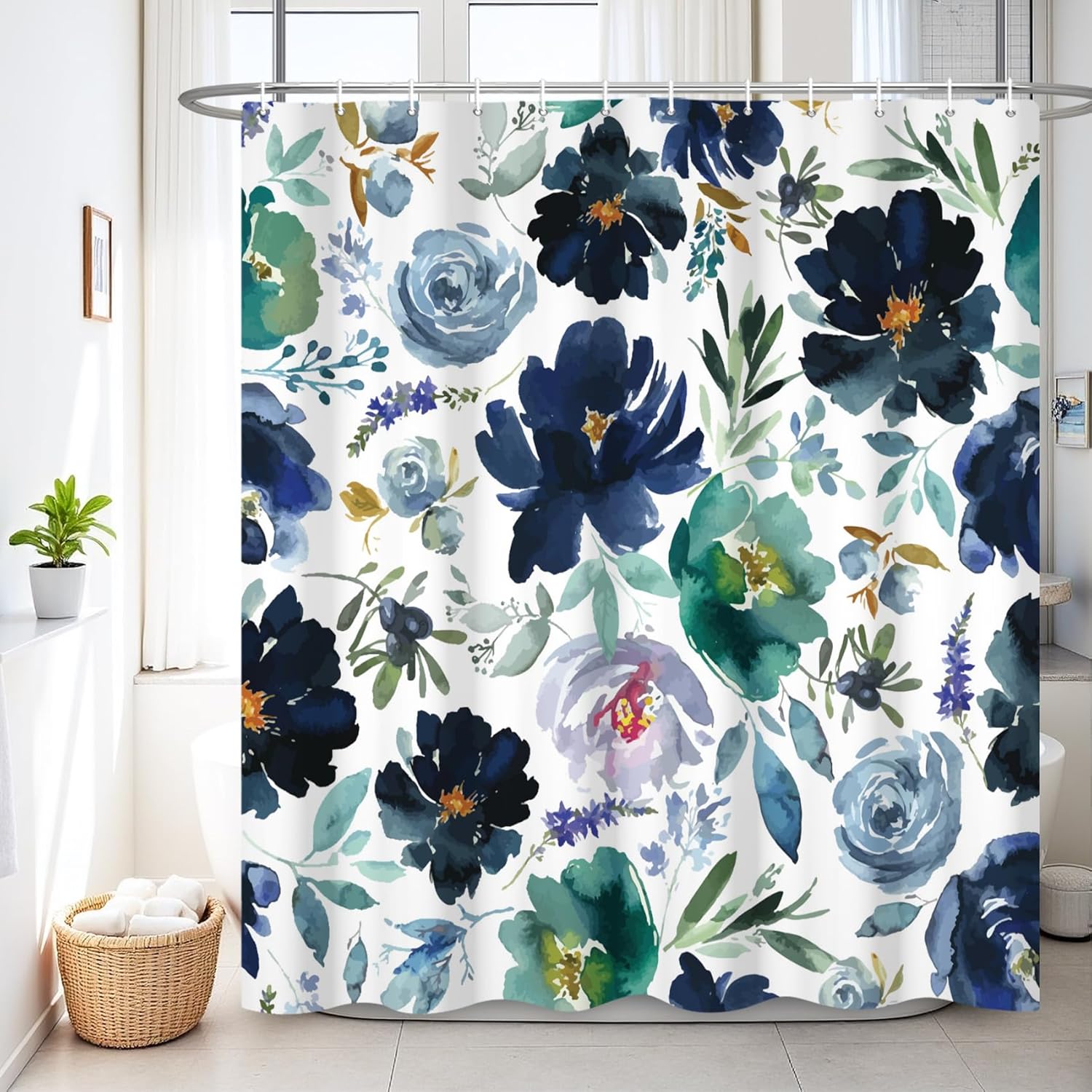 Renaiss 72 x 72 Inch Blue Watercolor Flower Shower Curtains Sets Navy Blue Green Purple Flower Art Print Shower Curtains for Bathroom Waterproof Fabric Bath Curtain Modern Decor with Plastic Hooks