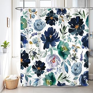 Renaiss 72 x 84 Inch Blue Watercolor Floral Shower Curtains Sets Navy Blue Green Purple Flower Art Print Shower Curtains for Bathroom Waterproof Fabric Bath Curtain Home Decor with Plastic Hooks