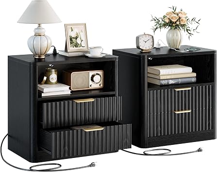 IRONCK Fluted Night Stand, Modern Nightstand with Charging Station, Drawers and Open Shelves - Bedside Table Wood Side Table for Bedroom, Black