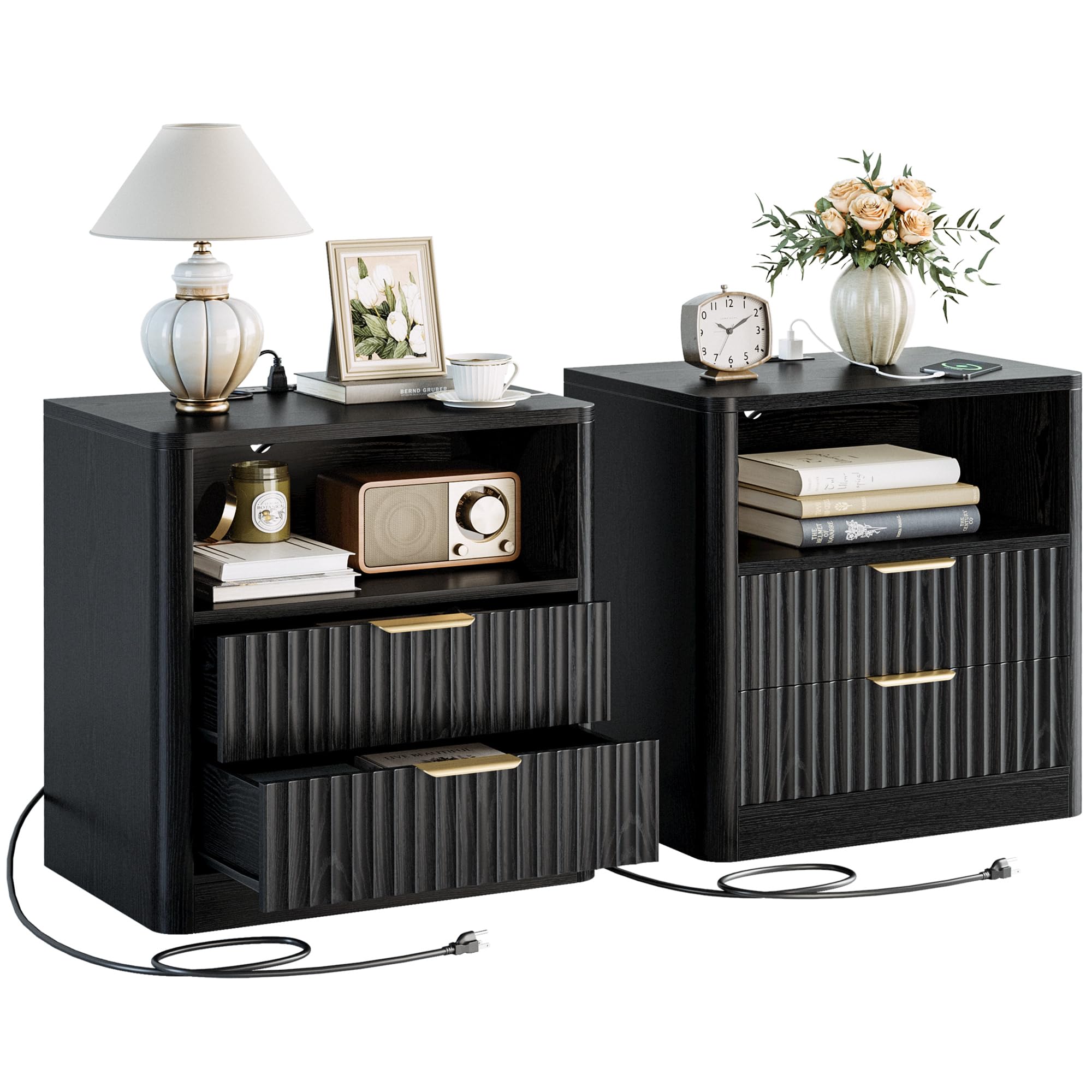 IRONCK Fluted Night Stand, Modern Nightstand with Charging Station, Drawers and Open Shelves - Bedside Table Wood Side Table for Bedroom, Black