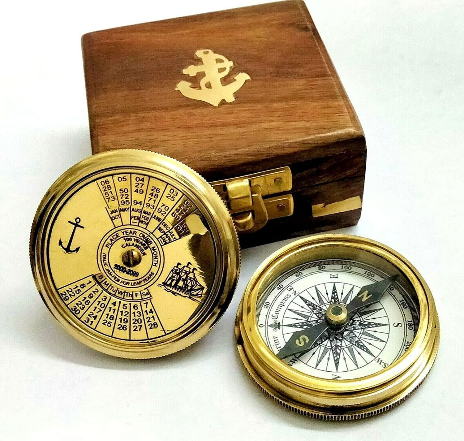 Nautical Collectible Compass Nautical Compass Antique Solid Brass Compass Pocket Compass Brass Shiny Calendar Lid Compass-image-33