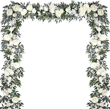 2Pack Artificial Peony Flower Garland - 6ft/Strand Silk Peony Flower Greenery Garland with Fake Willow Leaves for Wedding Ceremony Backdrop Party Table Centerpieces Decor White
