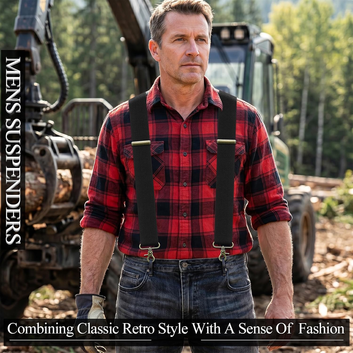 FENMEN Vintage Suspenders for Men, Black Diamond Check, 2-Inch Wide