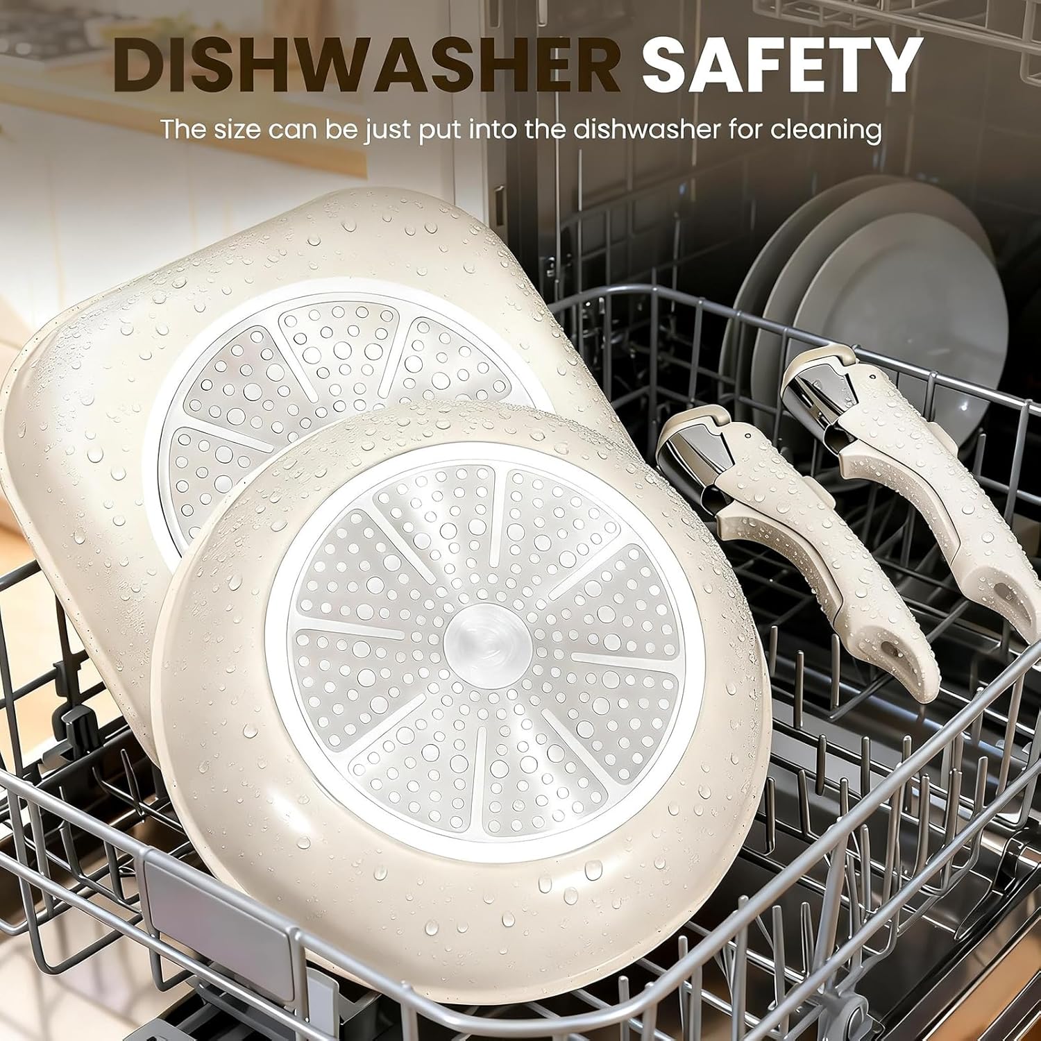 Nonstick Ceramic Cookware Set 20-Piece - Pots and Pans Set with Detachable Handle - RV Stackable Kitchen Cooking Set, Induction/Dishwasher/Oven Safe, with Frying, Cream White