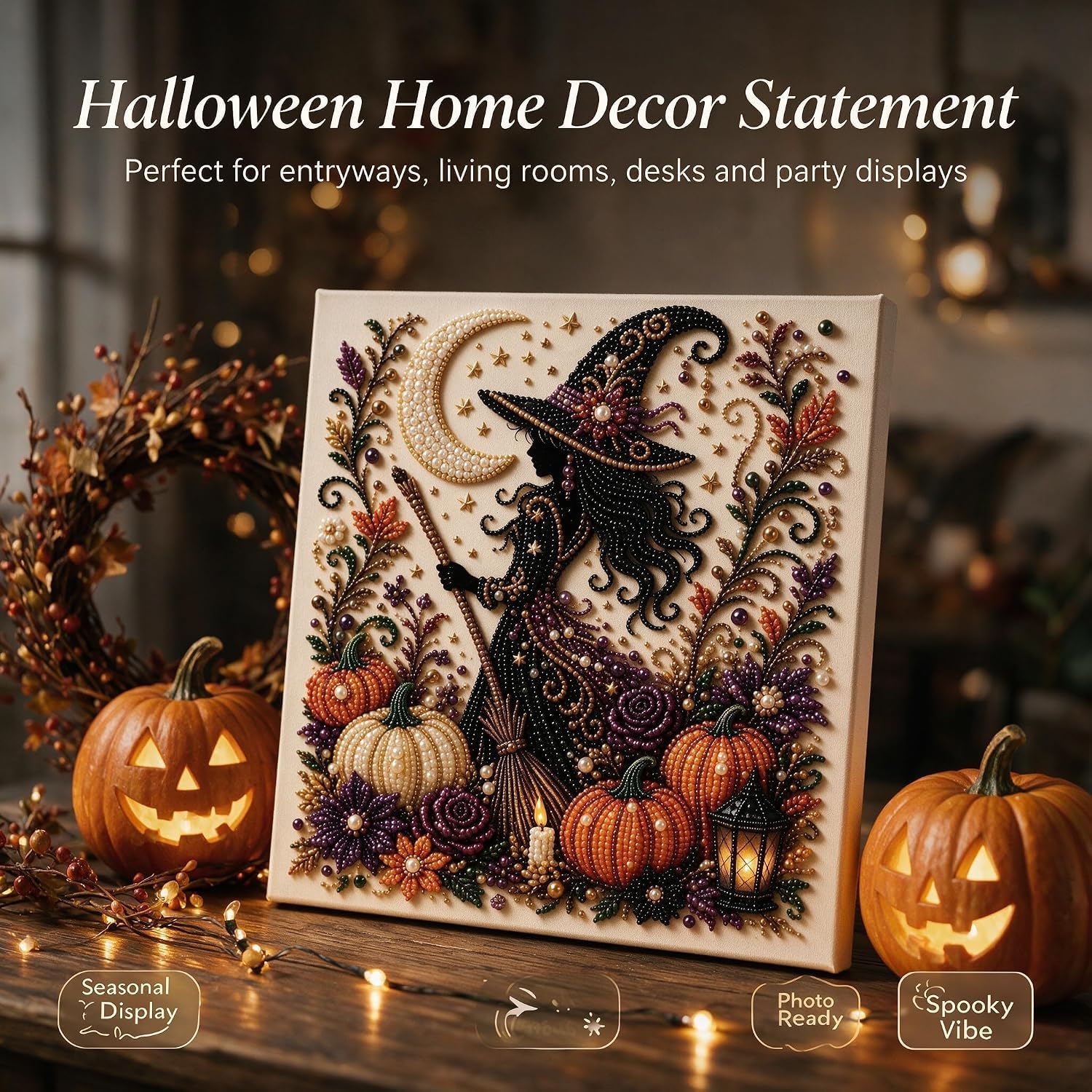 Halloween Witch Pearl Diamond Art Kits for Adults with Frame (10x10in)