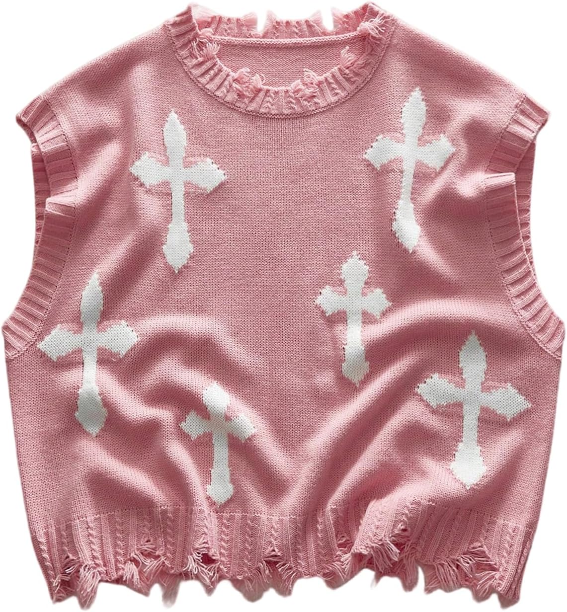 Men's Cross Print Sweater Vests Y2k Ripped Crew Neck Sleeveless Casual Knit Tops Streetwear