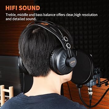 JOYO Studio Monitor Headphones, 50mm Drivers Over-Ear with Passive Noise Isolation, Flat Response for Recording/Mixing/Guitar Amp/Podcast, 3.5mm & 6.35mm Adapter (JMH-02)