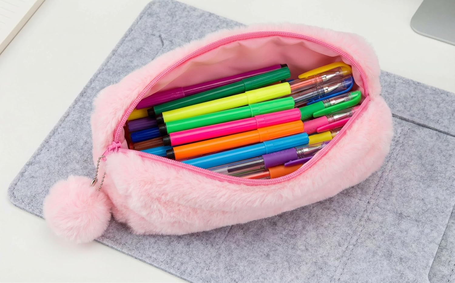 Pink Fluffy Pencil Case for Girls - Large Kawaii Faux Fur Pen Pouch with Pom Pom Charm, Cute Plush Makeup Bag Stationery Organizer for School Supplies (8" x 3" x 2")