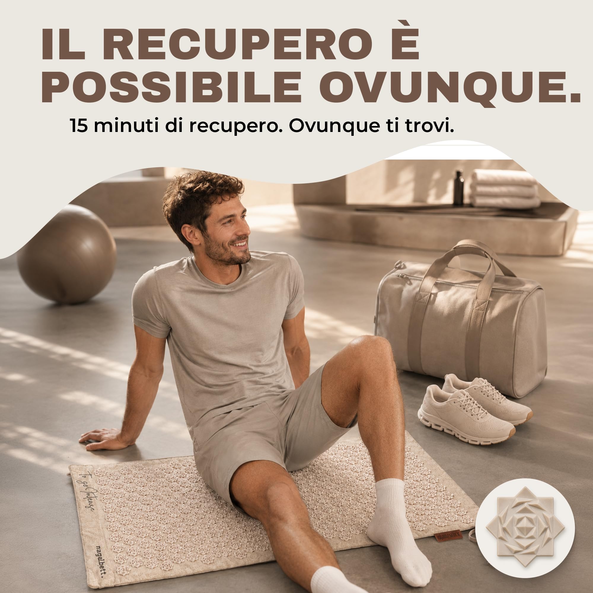 Glanzstück Berlin® Health Collection: Set di tappetini per agopressione XL TO GO Intense in lino, aiuto in caso di tensioni, mal di schiena, tappetino massaggiante con custodia, sostenibile