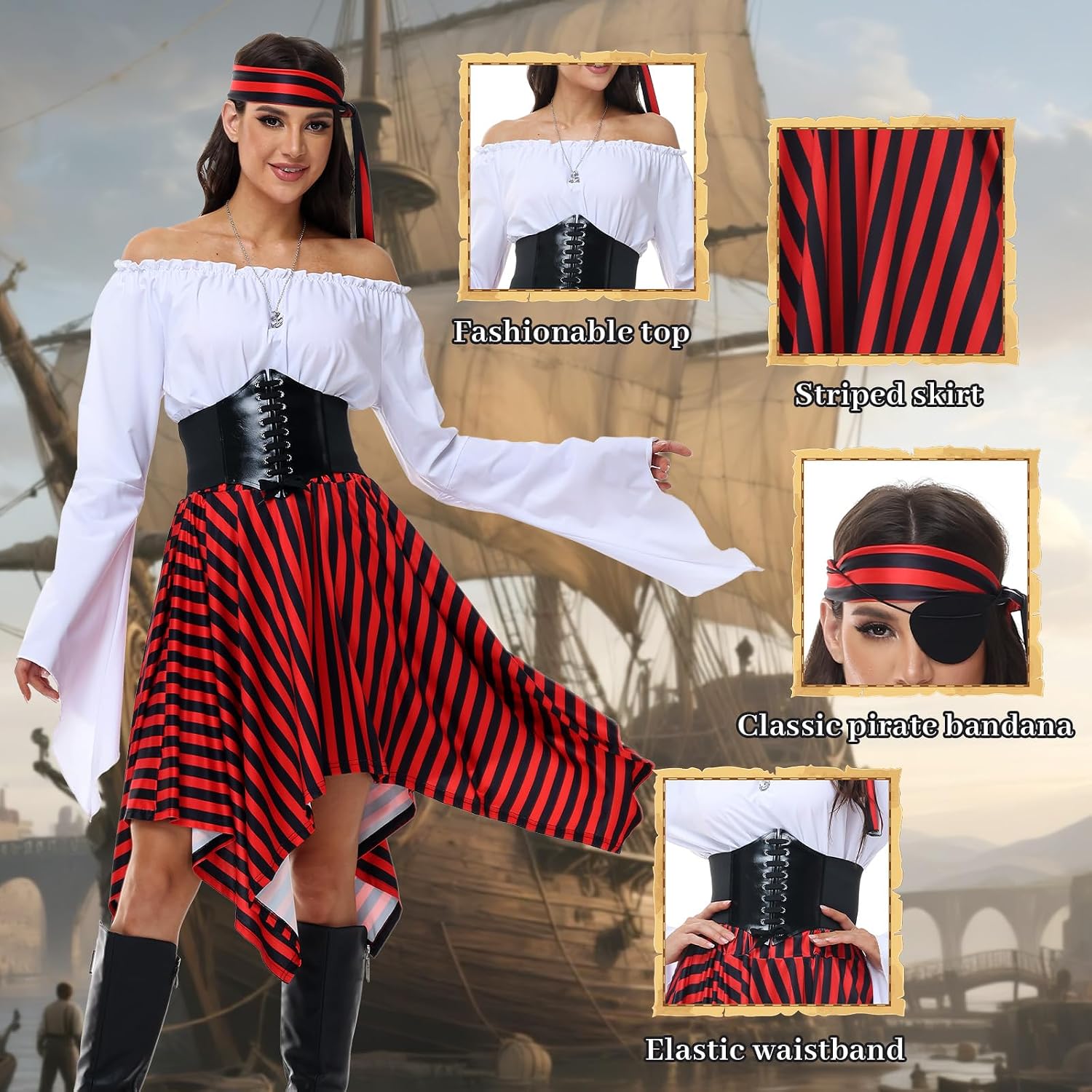 Pirate Costume Women 6-Piece Set - Renaissance Shirt Skirt Corset Medieval Halloween Cosplay Accessory Set