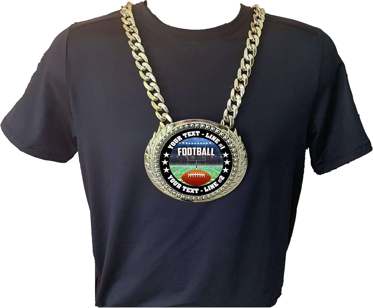 Express Medals Custom Football Champ Chain Trophy with 2 Lines of Personalized Text on a Large Rigid Plastic Award Medal and 34 Inch Long Gold Color Neck Chain. EG120