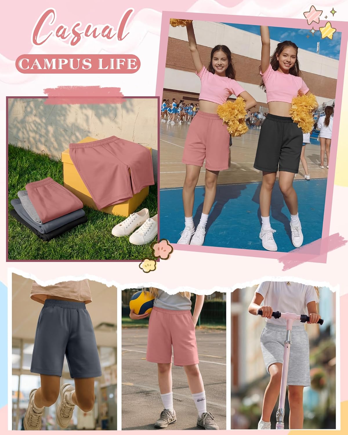 4 Pack Girls Bermuda Shorts Knee Length Straight Leg Athletic Shorts Kids Elastic Waist Summer Loose Long Shorts