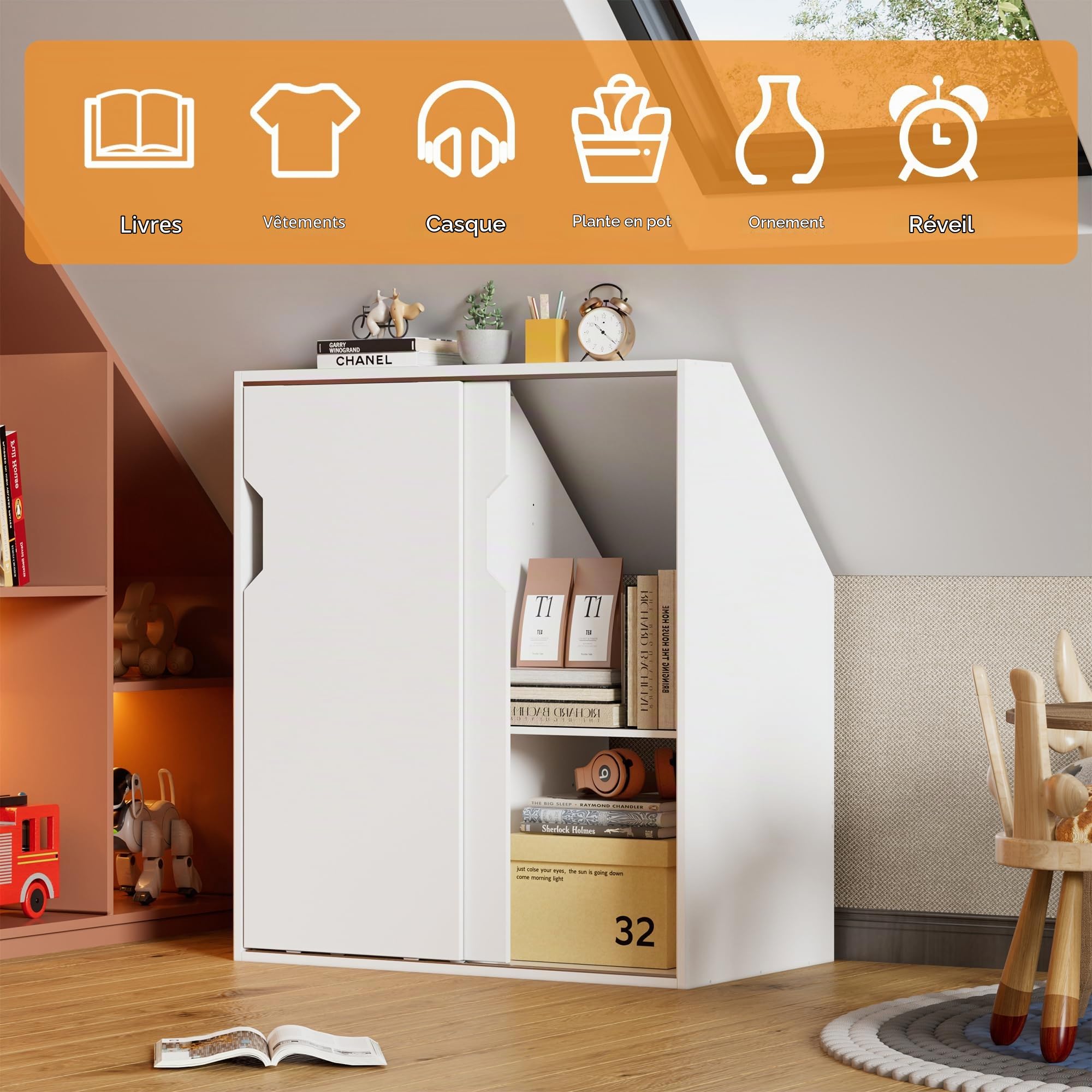 MSFE Meuble sous Pente avec 2 Portes Penderie Mur en Pente Chambre Mansardée Armoire de Toit en Pente Placard de Rangement adapté aux Murs en Pente 100 x 80 x 52CM Blanc