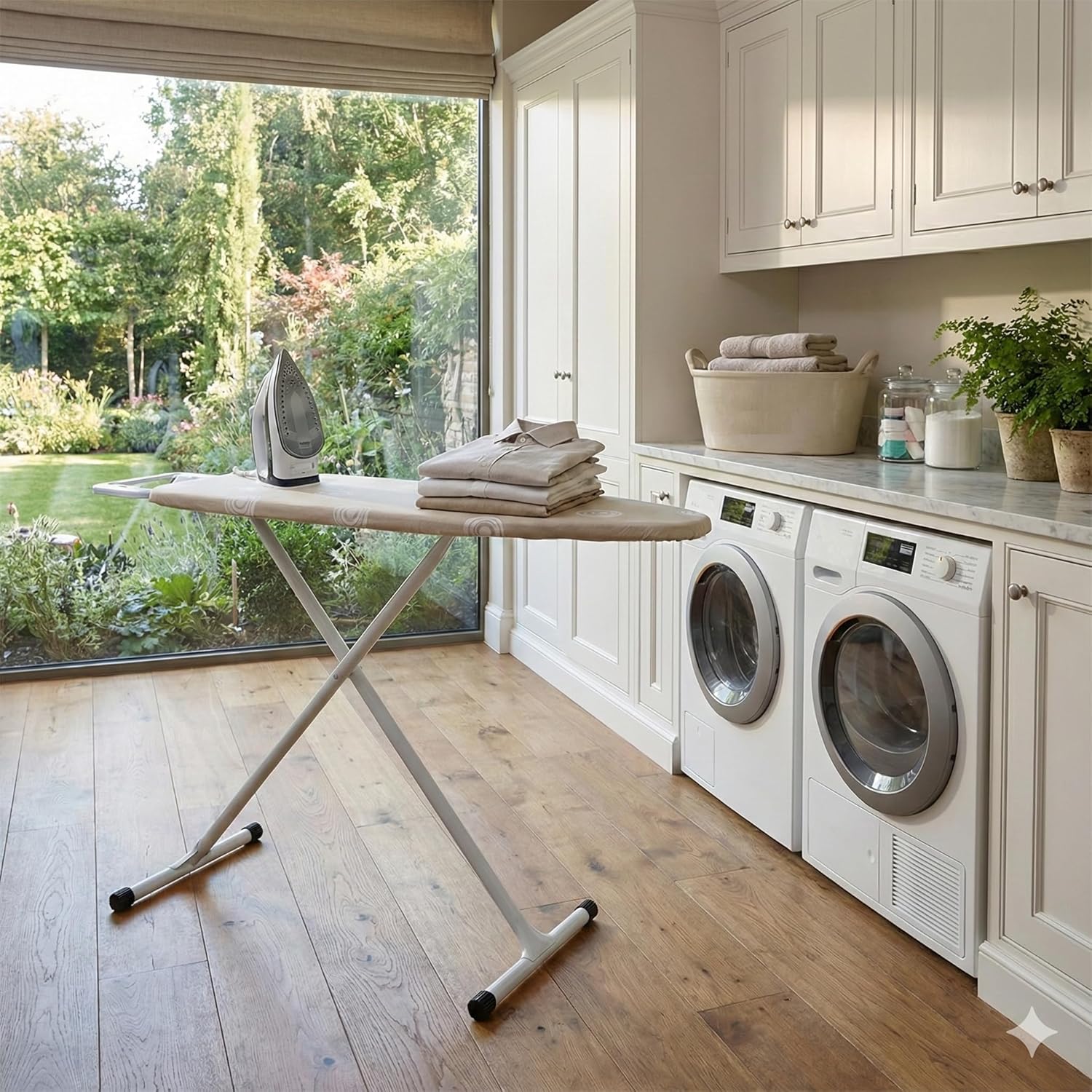 Beige T-Leg Ironing Board with Cotton Cover, 53" x 14" Ironing Board Foldable,Height Adjustable,Home Use