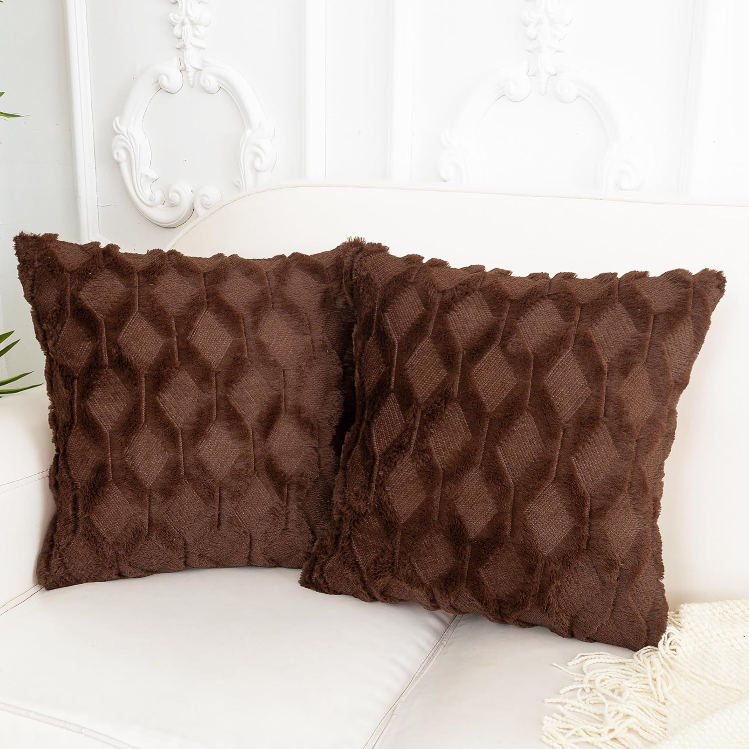 Brown Throw Pillow Covers 18x18 Set of 2 Decorative Farmhouse Couch Throw Pillows Boho Shells Cute Soft Plush Wool Winter Pillowcases for Bedroom Living Room Sofa