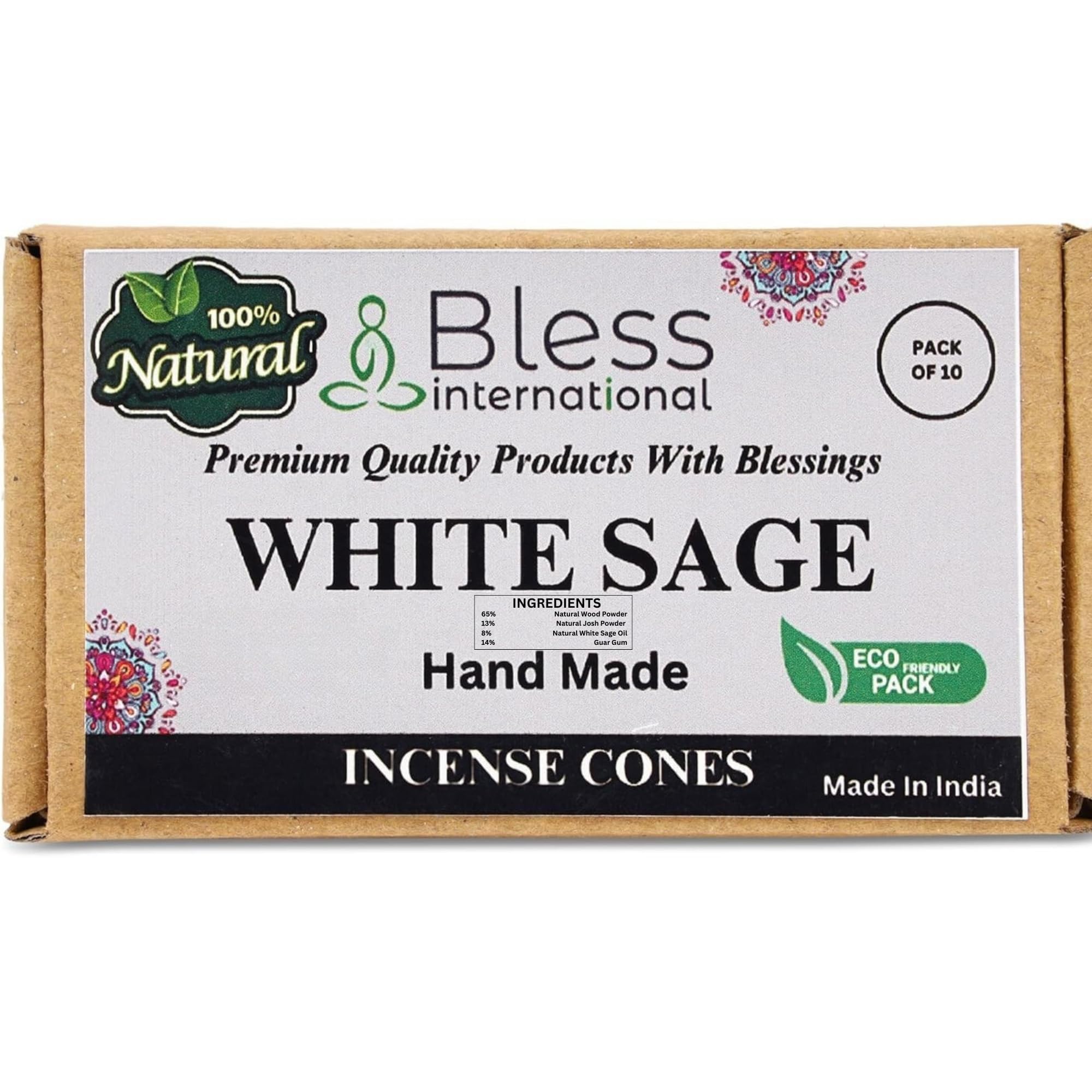 Bless-International White Sage 100%-Natural-Incense-Cones Handmade-Hand-Dipped Organic-Chemicals-Free for-Purification-Relaxation-Positivity-Yoga-Meditation The-Best-scents (10 Count)