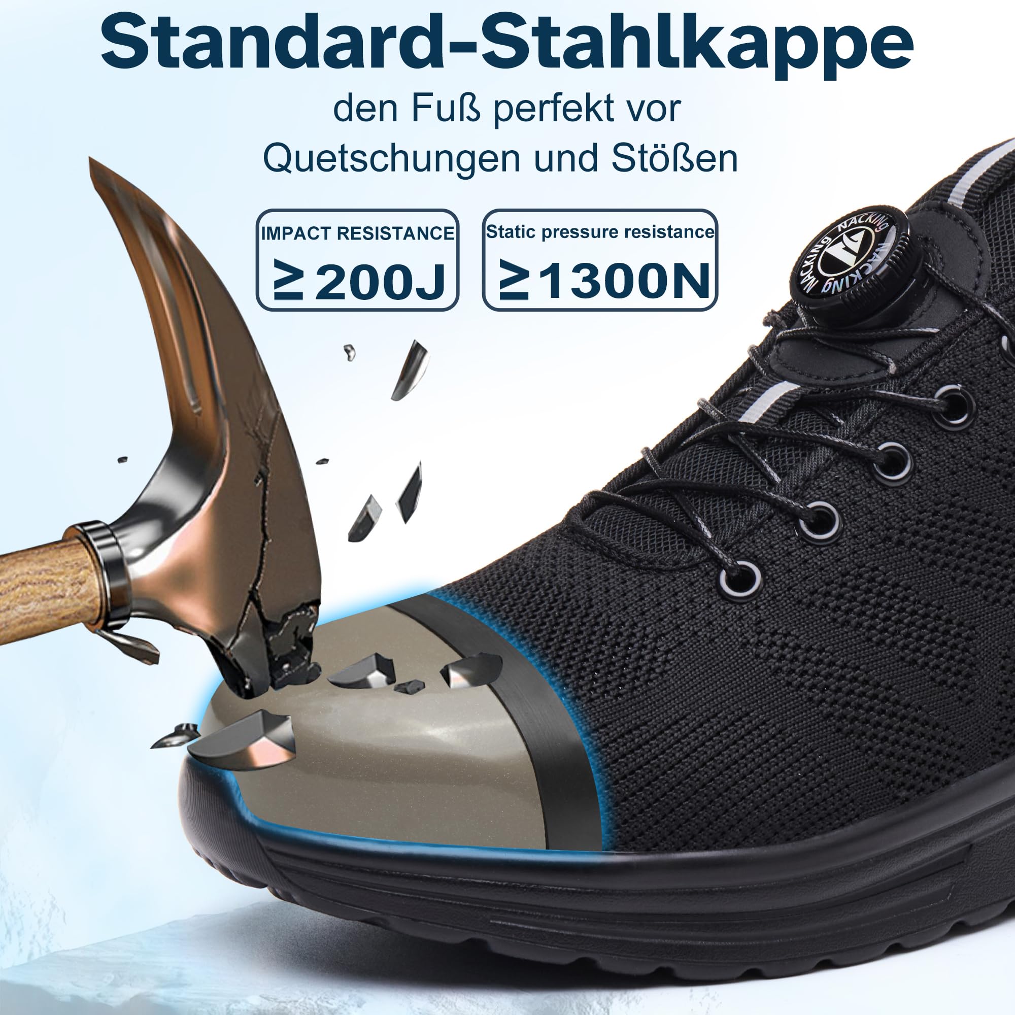 Buty bezpieczne robocze Obuwie ochronne Lekkie przewiewna, czarny, 38 EU | z stalowym czubkiem podeszwą kevlarową odporną na przebicia, system zapinania z pokrętłem, amortyzacja powietrzna