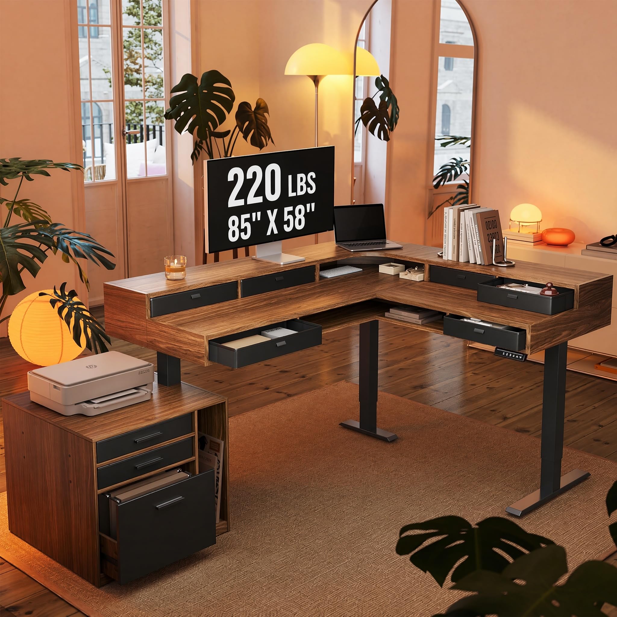 HUANUO 85" Electric L Shaped Standing Desk with File Cabinet, Walnut