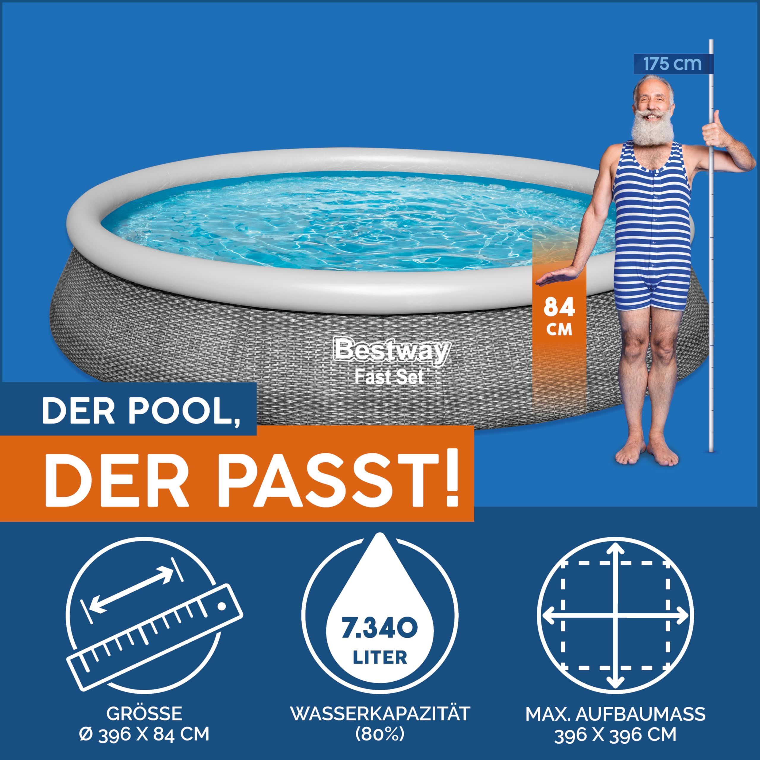 Bestway® Fast Set™ Aufstellpool-Set mit Filterpumpe Ø 396 x 84 cm, Rattan-Optik (Schiefergrau), rund