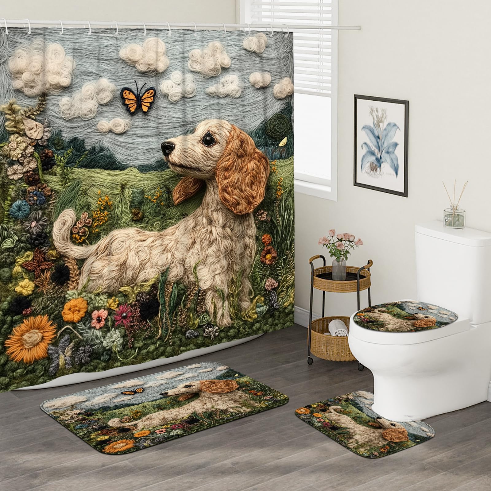 4PCS Spring Dachshund Dog Bathroom Accessory Sets with Non-Slip Rug, U Shape and Toilet Lid Cover Mat, Unique Flowers Floral Bathroom Fabric Decor-72''x72''