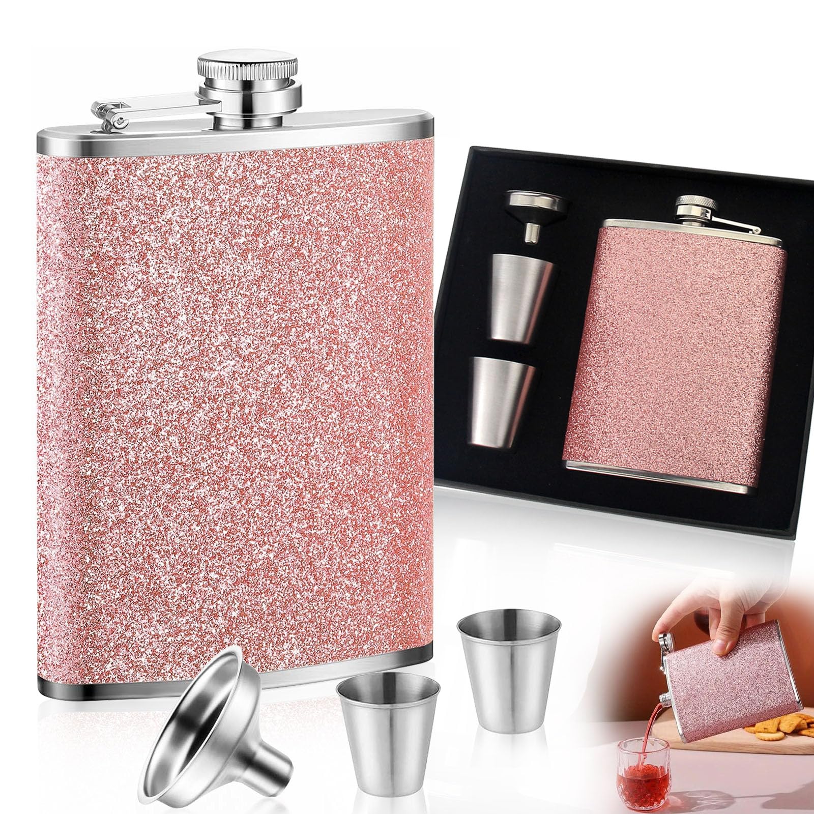 8oz Hip Flask, Stainless Steel Flask for Men and Women, Hip Flasks for Women, Portable Pink Flash Flask Alcohol for Barbecuing Camping Hiking Biking Parties(Pink)