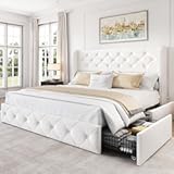 LARMACE Queen Size Bed Frame with 4 Storage Drawers and Wingback Headboard Velvet Upholstered Platform Bed Frame Tufted Beds with Wooden Slats Support&comma; Easy Assembly&comma; White