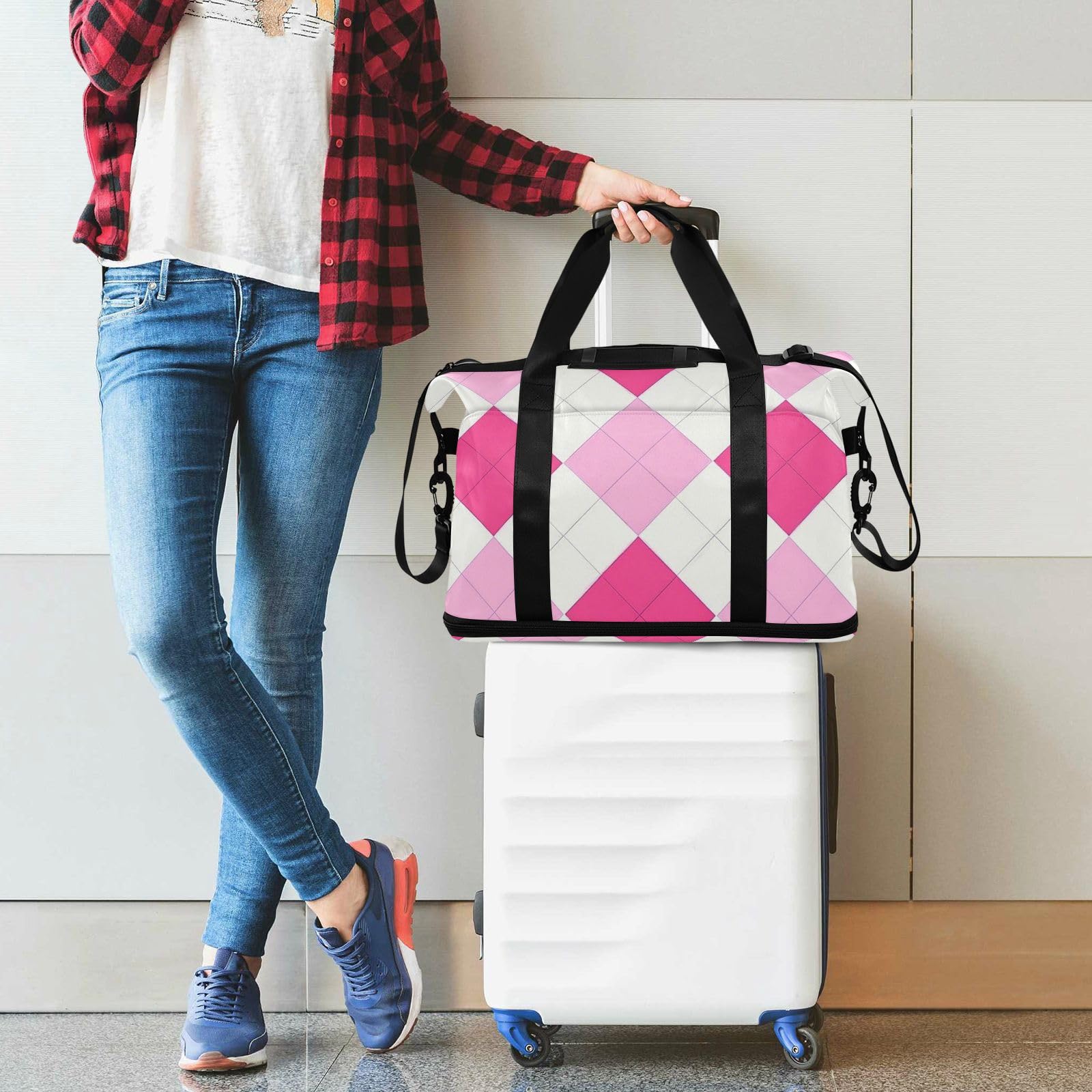 Bolsa de viaje a cuadros magenta con bolsillo húmedo y correa ajustable para viajes, juego de 2 piezas para hombres y mujeres