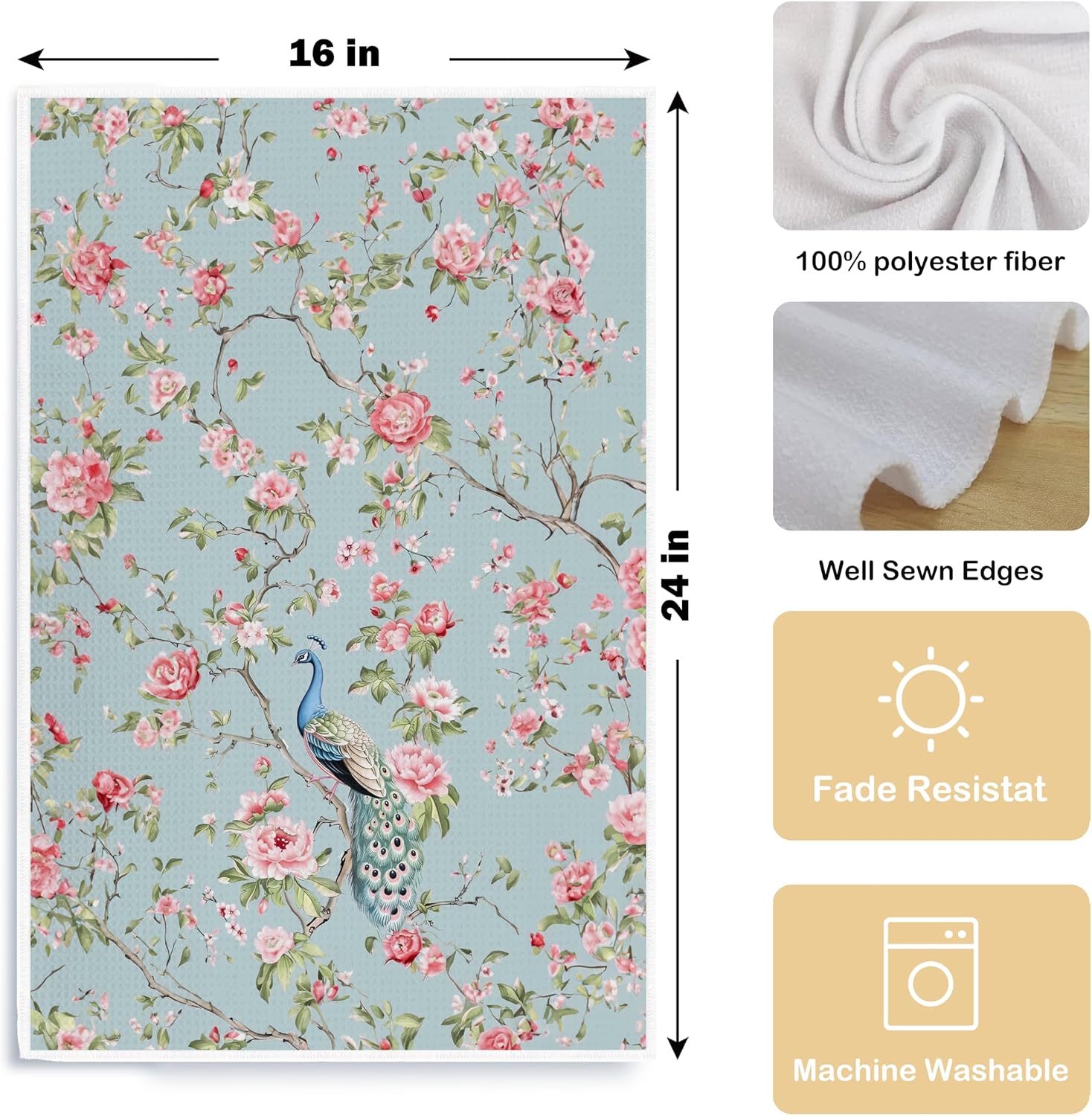 Chinoiserie Floral Peacock Kitchen Towels - Blue Decorative Hand Towels for Kitchen and Bathroom Decor - 16x24 Inches image 5
