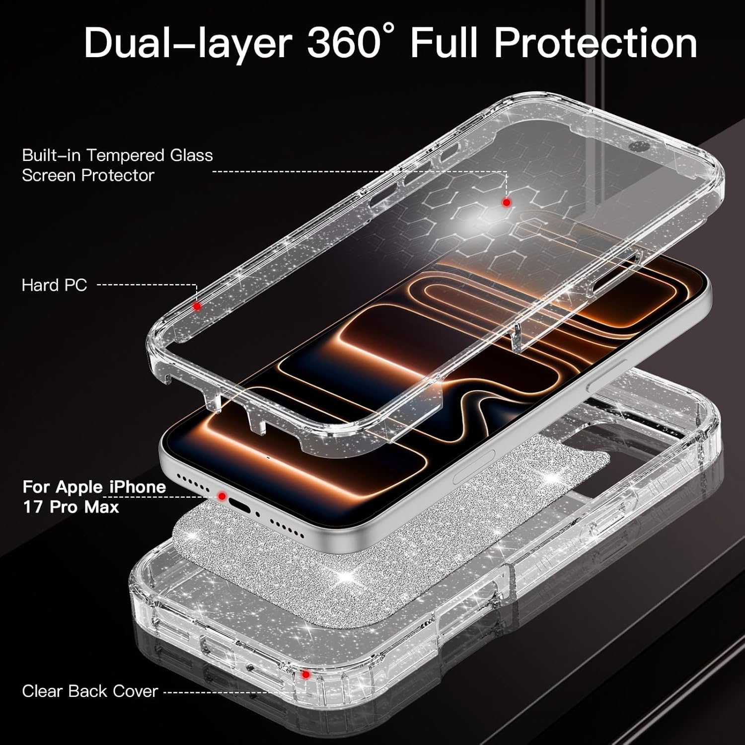 for iPhone 17 Pro Max Case,[Magnetic Stand][Fit for MagSafe][Glitter Card][Built-in 9H+ Screen Protector] Military-Grade Drop Proof Shiny Cover for Apple iPhone 17 Pro Max,Glitter Clear