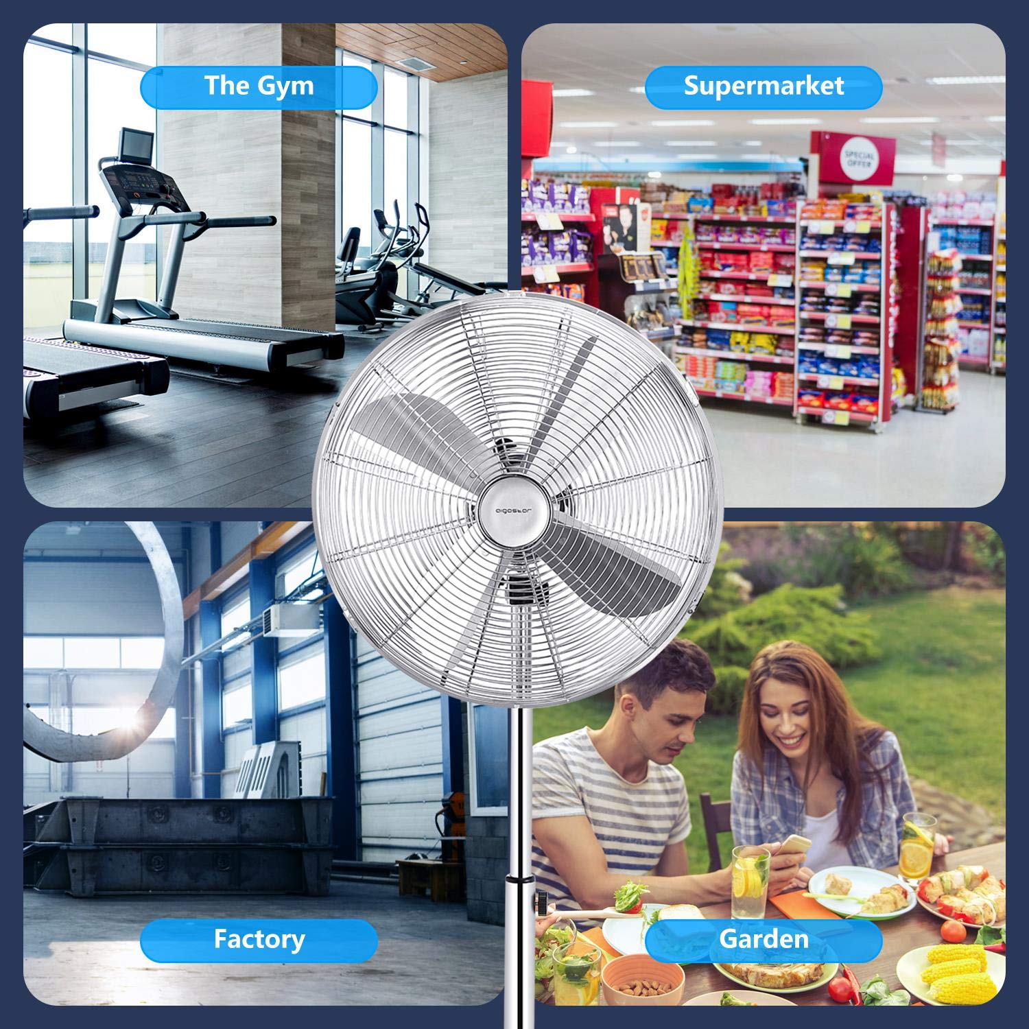 Aigostar Emery- Ventilatore acciaio, Ventilatore a piantana con oscillazione a 90°, altezza regolabile, 3 velocità, 60 W, 40 cm, maniglia per trasporto, griglia di sicurezza per bambini.