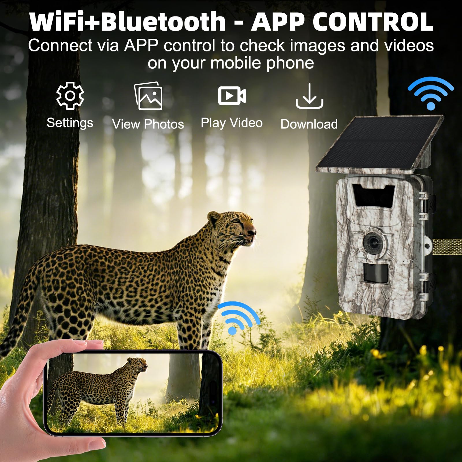 Caméra de Chasse Solaire 60MP 4K WiFi, Camera Chasse connectée Téléphone