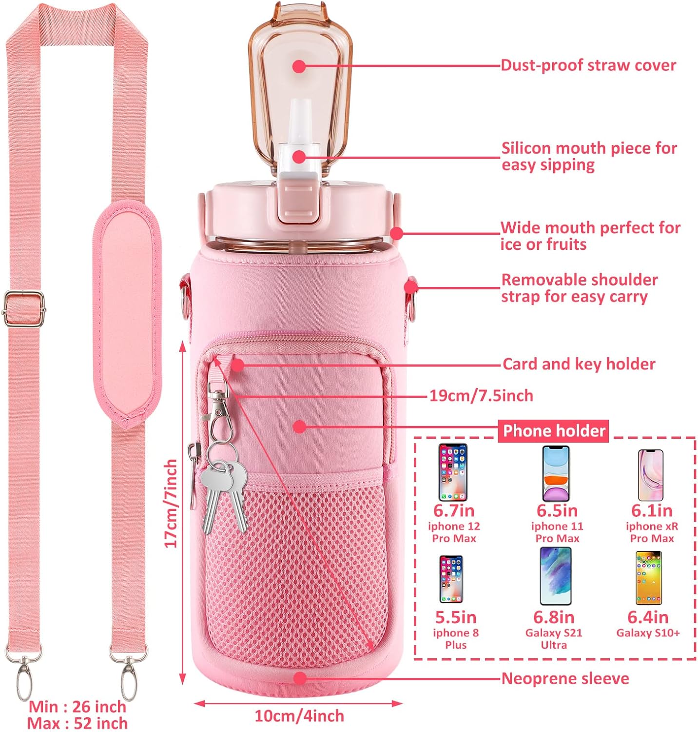64OZ Half Gallon Water Bottle with Sleeve, Inspirational Water Bottle with Straw & Time Marker to Drink, Leakproof Tritan BPA Free Sport Water Jug Reusable Neoprene for Daily Workout Gym Sport