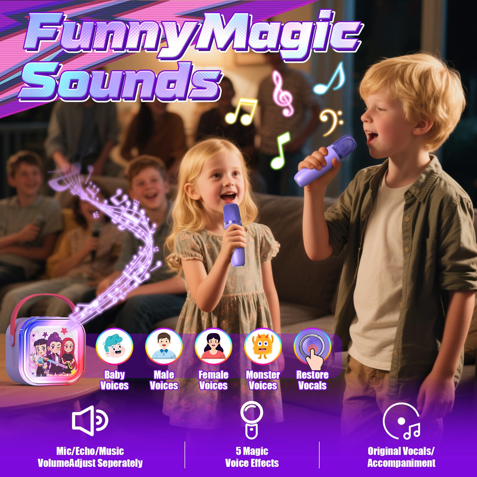Mini macchina per karaoke per bambini dai 3 ai 12 anni: altoparlante Bluetooth portatile con 2 microfoni wireless, spettacolo di luci a LED per bambini da 3 4 5 6 7 8 9 10 anni giocattoli regali di