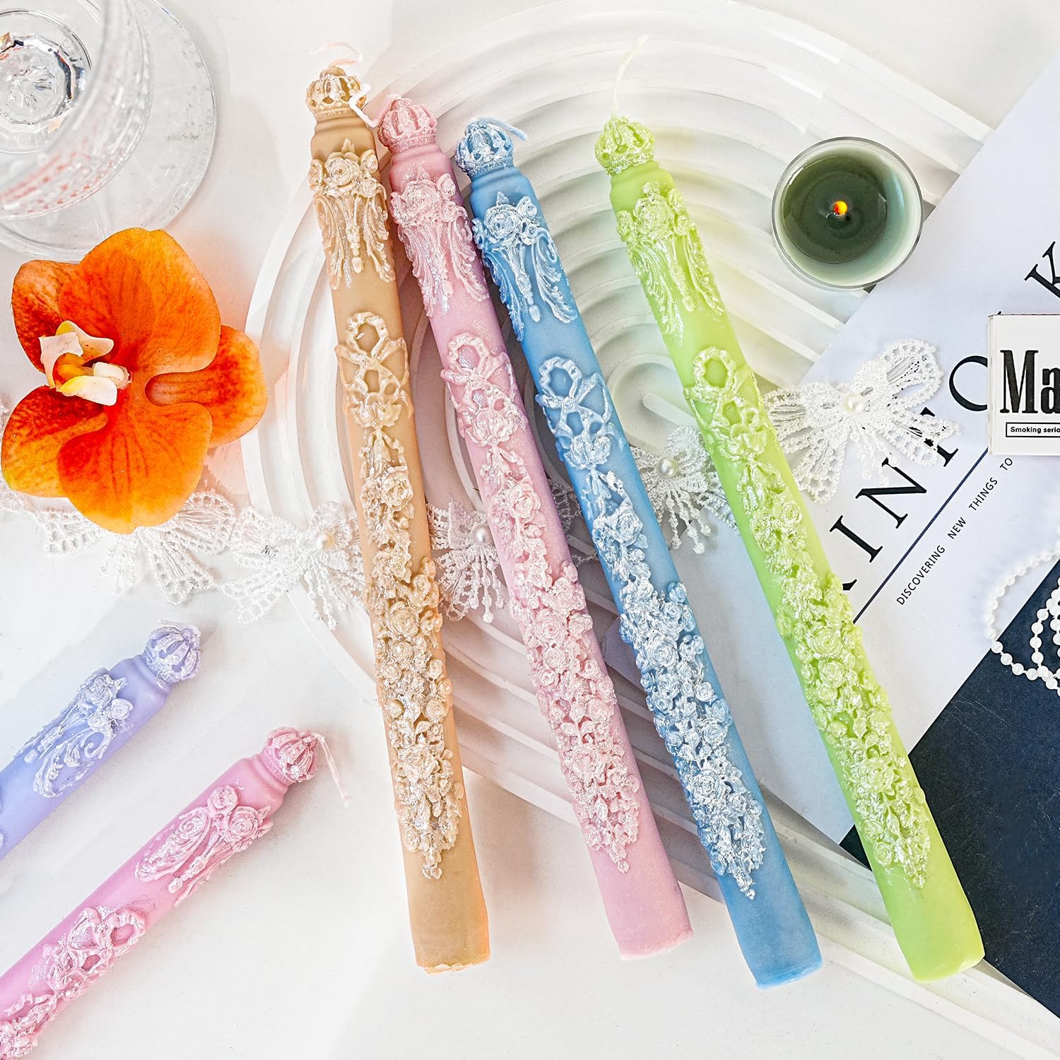 Sungmor Handcrafted Decorative Taper Candles – 9 Inch Floral Embossed Set of 4, Elegant Wedding & Home Décor Candles, Multicolor and Premium Scented for Gift, Romantic Dinner