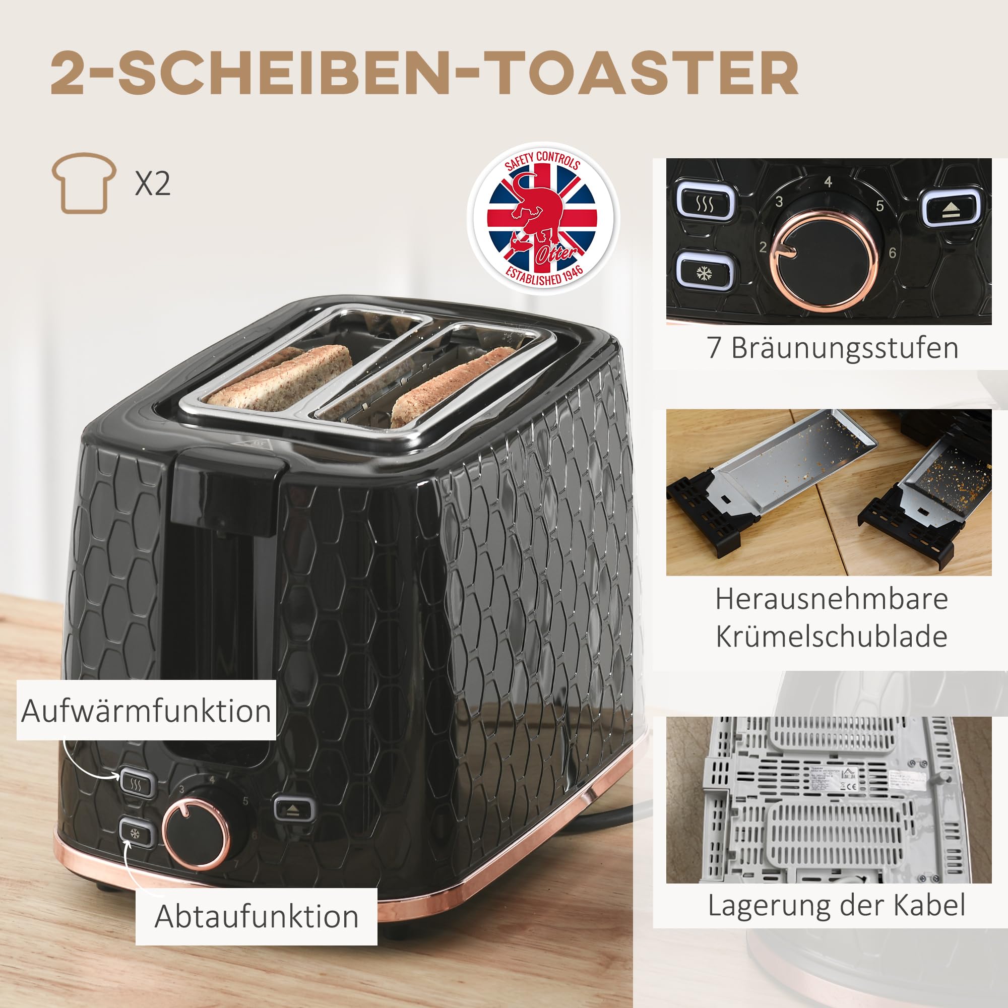 HOMCOM Bouilloire Grille-pain 2200 W 1,7 L Set Petit-déjeuner 2 Disques 7 Niveaux Grillage