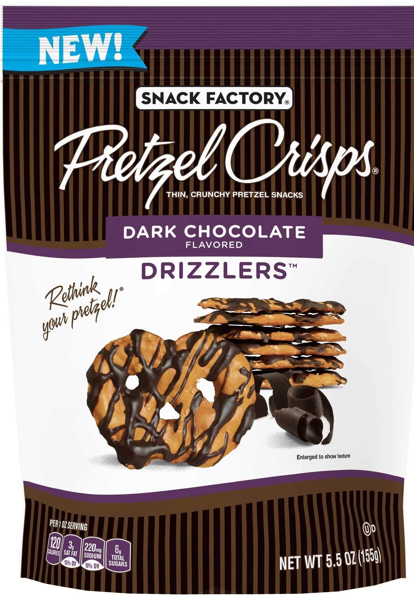 Pretzel Crisps Drizzlers Dark Chocolate Pretzel Snacks, 5.5 Ounce - 12 per case.