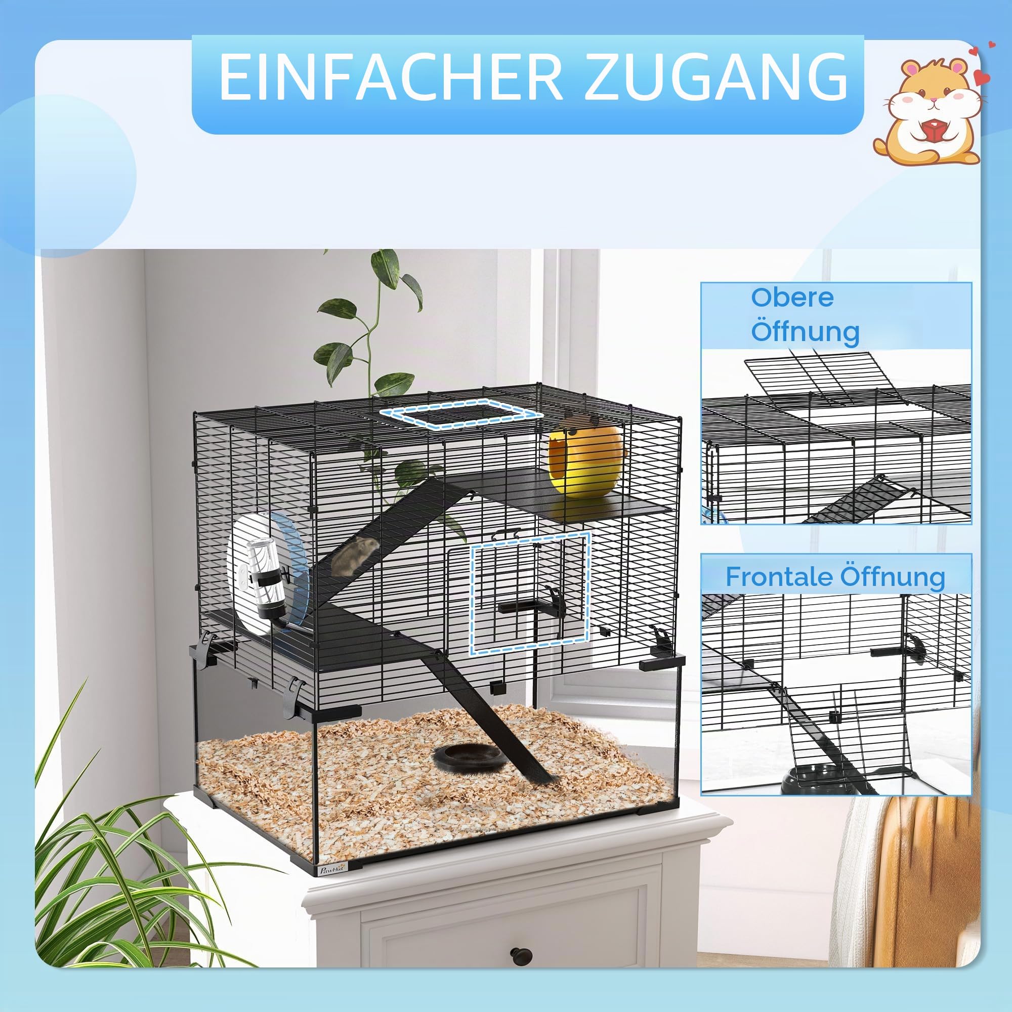 PawHut Hamsterkäfig, Nagetierkäfig, 3 Ebenen mit Rad, Rampen, Häuschen, Tränke, Futternapf, 60 x 40 x 54,5 cm, Schwarz