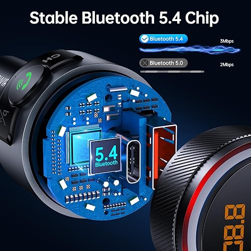 Miniatura 9 de Syncwire Transmisor FM Bluetooth 5.4 para coche, 38 W PD y QC3.0 Dual USB Carga Bluetooth Adaptador de coche Micrófono y sonido de graves MP3