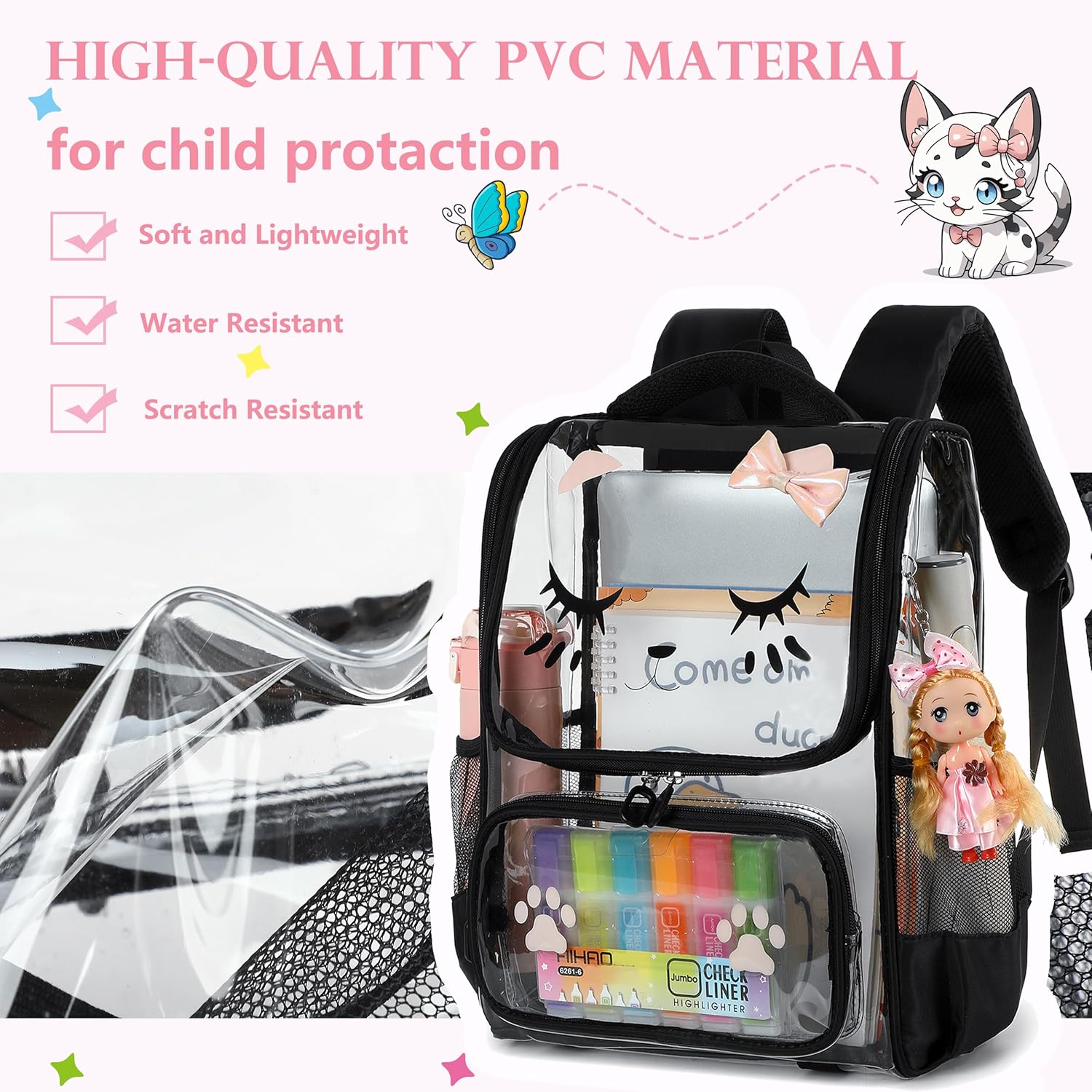 AO ALI VICTORY clear backpack Girls with Tote Bag Heavy Duty PVC Transparent Cute Backpack for Kids Toddler Preschool Bookbags Elementary School Bags See Through Casual Travel Daypack, Balck Set - Image 3