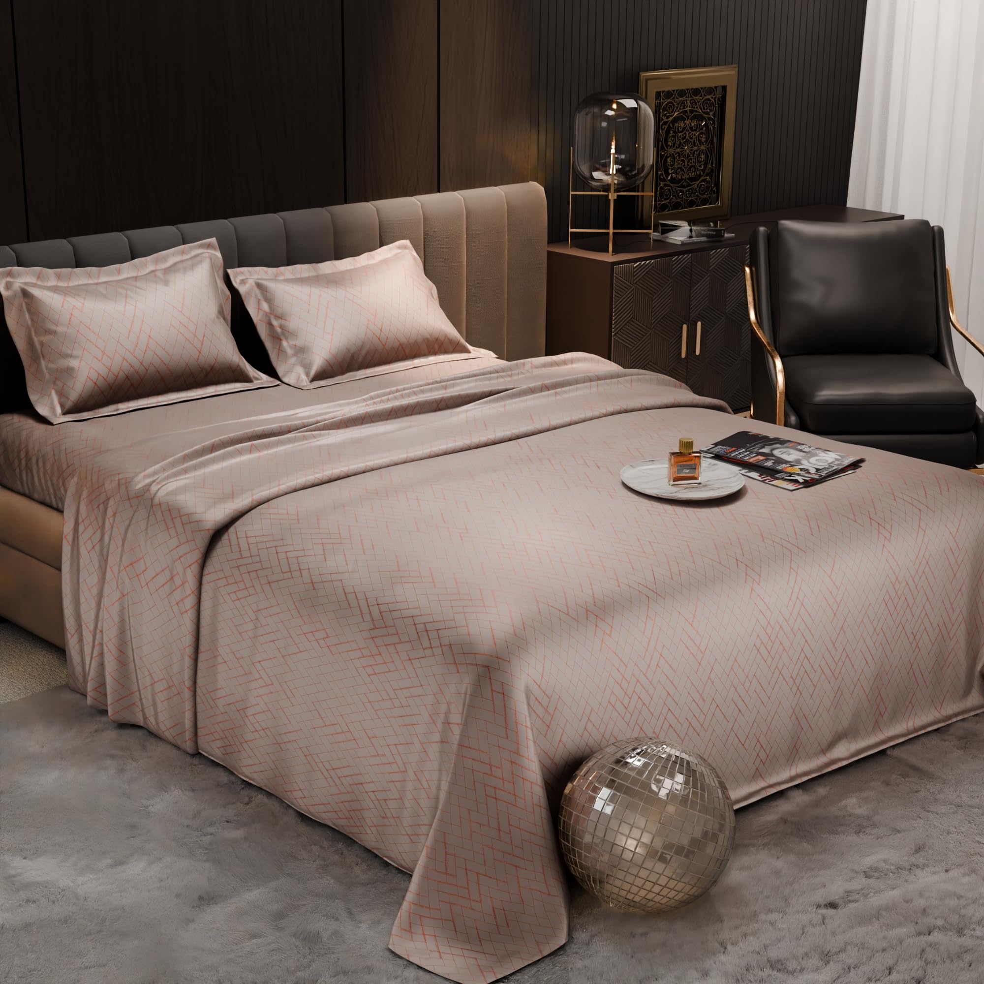 Stoa Paris 300TC UltraSatin Printed King Bedsheet with 2 Pillow Covers, Gentle on Skin & Hair, Wrinkle & Fade Resistant, Home Decor, Gift for Couple, Starlit Night - Champagne (228cm x 274cm)
