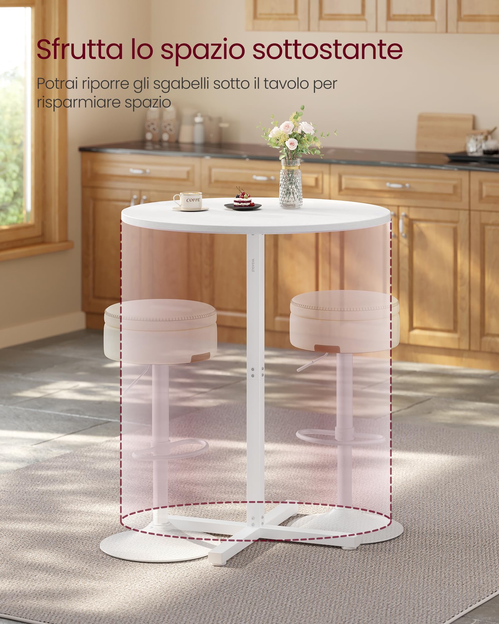 VASAGLE Tavolo da Bar, Tavolino Alto da Pranzo Cucina, Struttura in Metallo, 60 x 60 x 104,5 cm, Facile da Montare, con Base a Croce, per 2-3 Persone, Stile Moderno, Bianco Neve LBT361W01