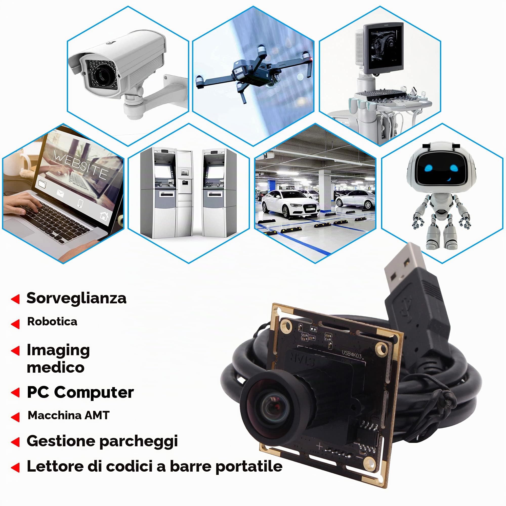 Svpro Modulo fotocamera 4K USB grandangolare scheda con obiettivo senza distorsioni, sensore CMOS IMX415, telecamera industriale senza microfono, UVC USB Plug and Play Webcam Board per computer,