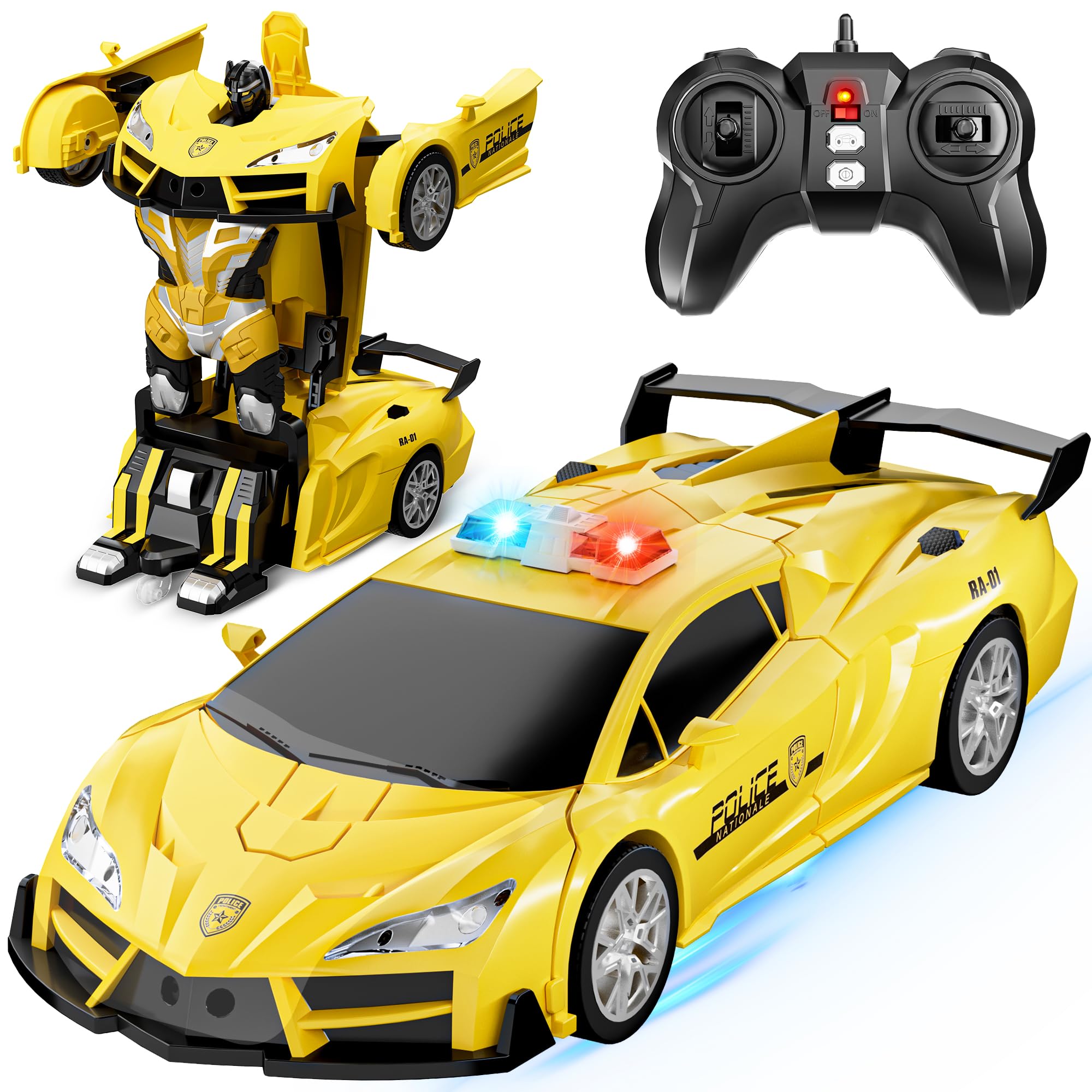 Transform RC Car with One-Button Deformation and 360 Rotating, 2.4Ghz 1:18 Scale Robot Police Car Toys for Ages 4-12, Girls and Boys (Yellow)