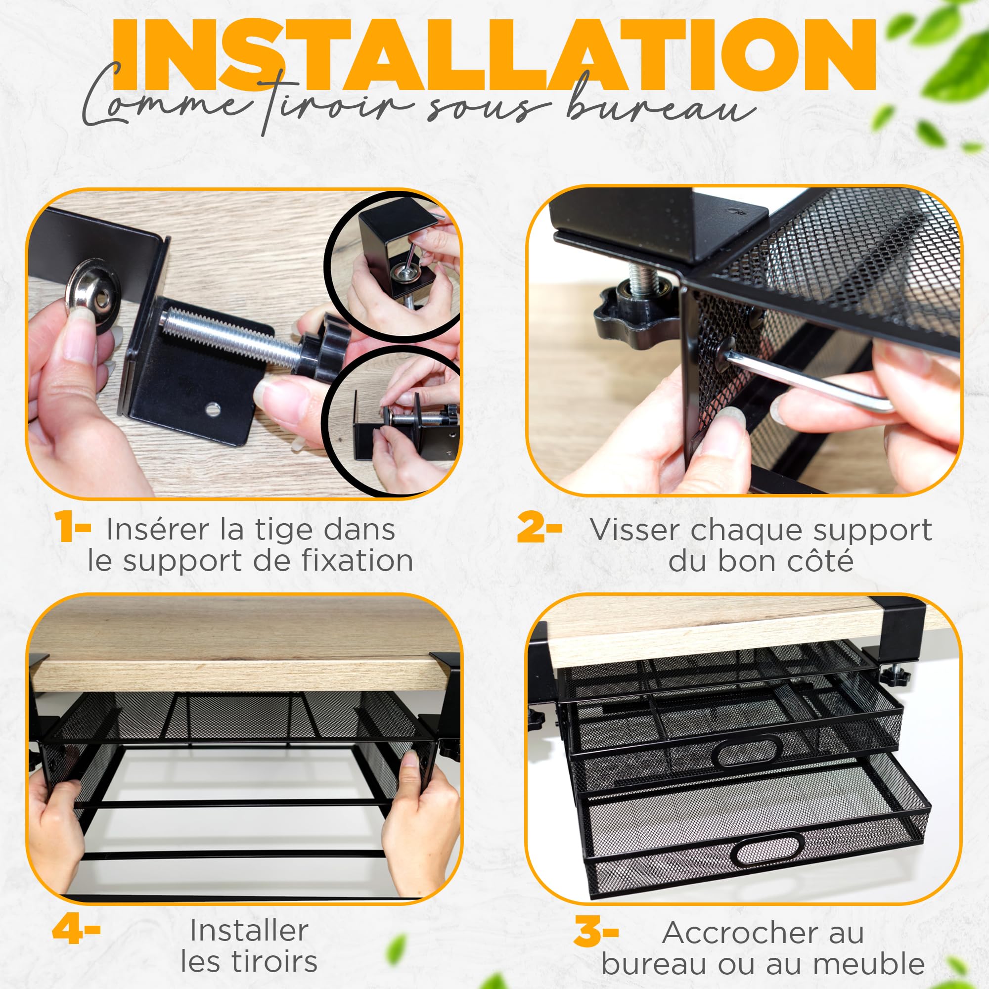 DESKORGA Metalen schuiflade onder bureau, bevestiging zonder boren, 2 A4- laden, robuuste organizer voor kantoor, huis of keuken