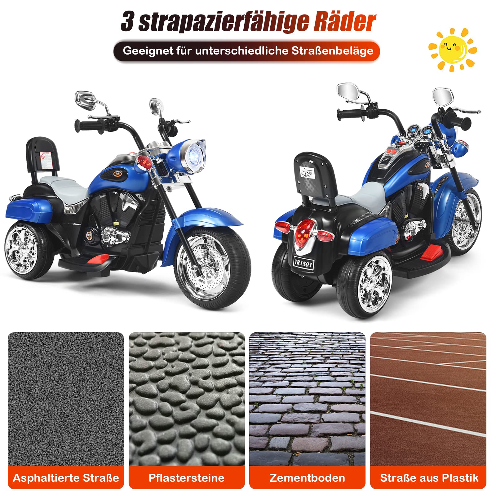 DREAMADE Elektro-Motorrad Kindermotorrad, 6V Elektromotorrad mit einstellbaren Scheinwerfern & Hupe & Pedalen, Elektrofahrzeug für Kinder ab 3 Jahren (Blau)